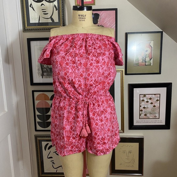 Vineyard Vines women's pink/red tile Otomi off the shoulder romper sz med - Picture 3 of 9